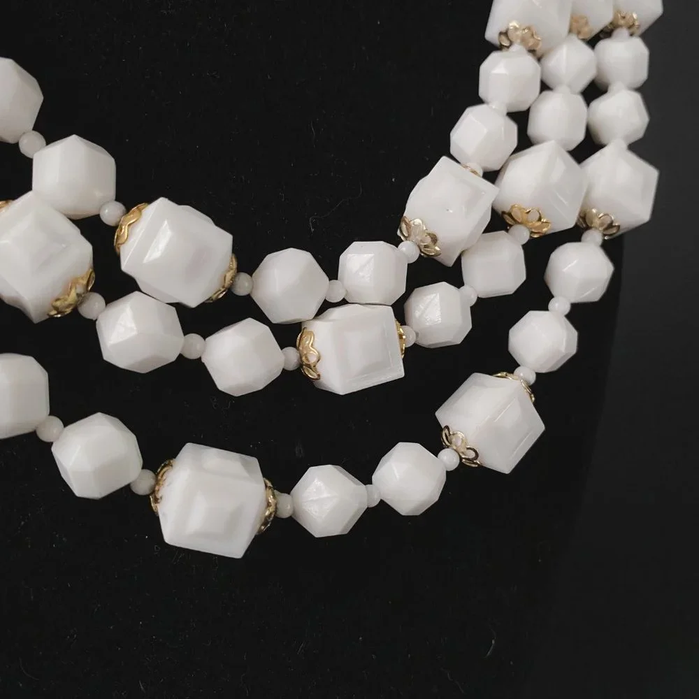 Vintage Hong Kong White Gold Square Chunky Beaded Layered Multi Strand Necklace - Picture 3 of 12